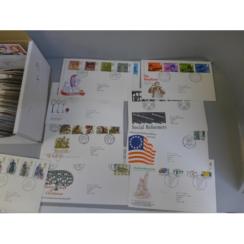 695 - Stamps; a box of GB first day covers with typed or no address and special usually bureau postmarks