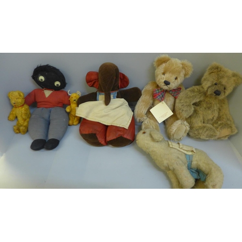 729 - A collection of vintage bears and dolls including Pedigree, three jointed bears, Chilprufe, etc., an... 