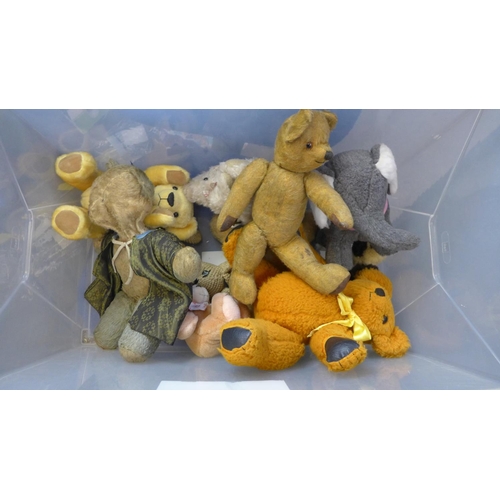 729 - A collection of vintage bears and dolls including Pedigree, three jointed bears, Chilprufe, etc., an... 