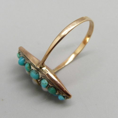 912 - A Victorian turquoise and pearl marquise cluster ring, (gold shank, silver setting), 1.6g, L