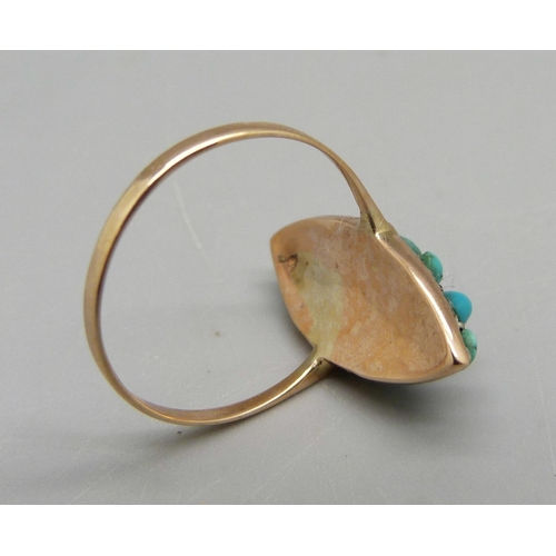 912 - A Victorian turquoise and pearl marquise cluster ring, (gold shank, silver setting), 1.6g, L