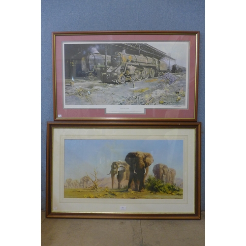 341 - A signed David Shepherd print, Nine Elms, The Last Hours and another print of elephants, framed