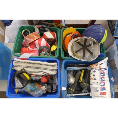 2097 - 4 boxes of assorted safety items: helmets, goggles, barrier tape, torches, switches, spill aid