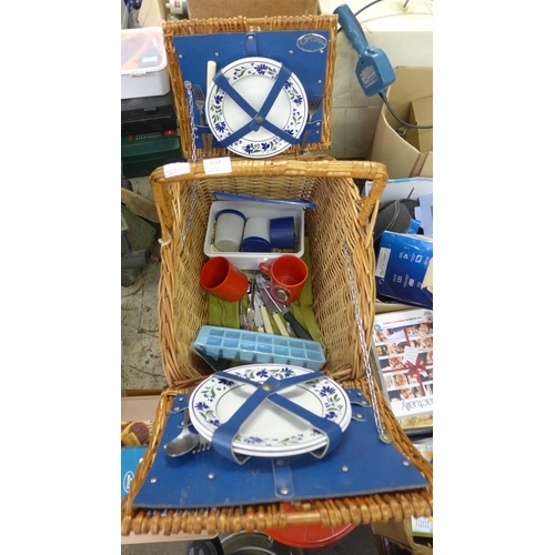 2113 - Vintage Optima wicker picnic basket with picnic plate set and misc items including salad spinner, ca... 