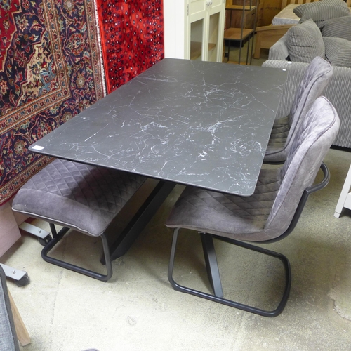 1521 - A Creed marble effect small dining table with a pair of Ralph graphite chairs and Creed graphite ben... 