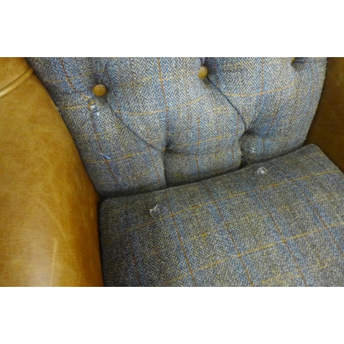 1545 - A Fast Track Kew wing Moreland Harris tweed and cerato leather armchair - damaged