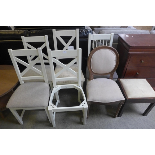 1629 - A lot of misc chairs, four crossback dining chairs, one wooden and upholstered, one straight back an... 