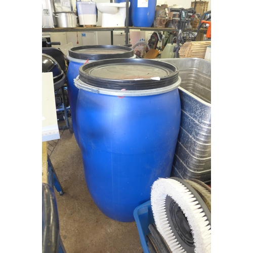 2330 - 2 x 220ltr plastic storage drums/tubs with lids and collar and fasteners