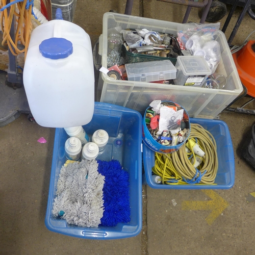 2333 - 4 tubs of misc cleaning and DIY items: spray buff abradant, screws, nails hardware, etc.