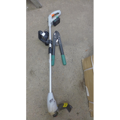 2374 - F-series cordless strimmer, battery and charger - W plus pair of extendable loppers