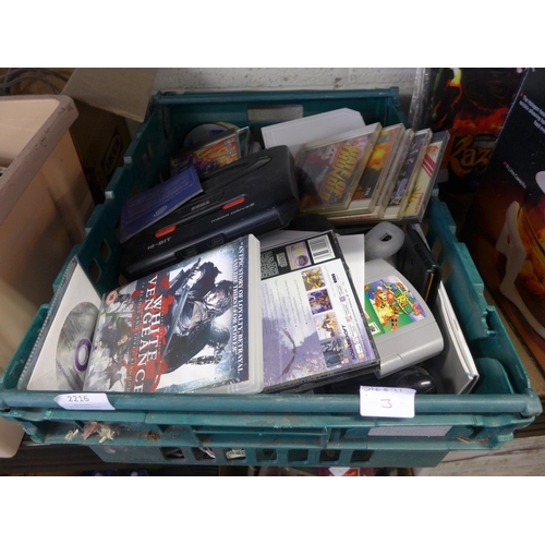 2216 - 5 Gaming consoles; Nintendo 64, Sega Mega Drive 2 & 3, Wii consoles with box of approx. 50 assorted ... 