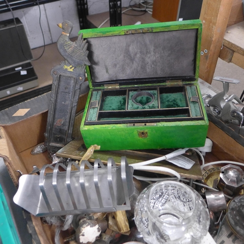 2230 - Jewellery box, vintage Bluebird toffee tin, vintage knobs etc. and tray of vintage pottery including... 