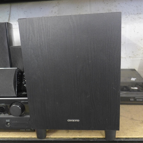 2246 - 6 Onkyo speakers including sub woofer and surround units with remote & cables