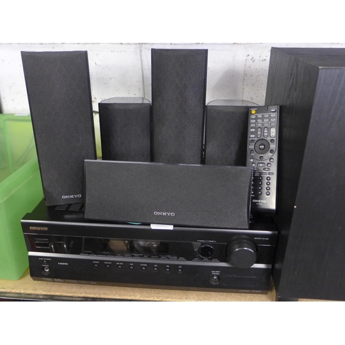 2246 - 6 Onkyo speakers including sub woofer and surround units with remote & cables