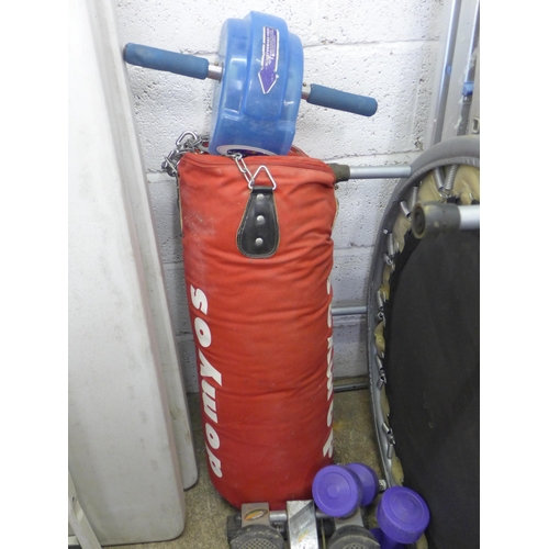 2254 - Fitness job lot: punchbag with hang chain, Ab/core trainer, trampoline, ball and dumbbell weights