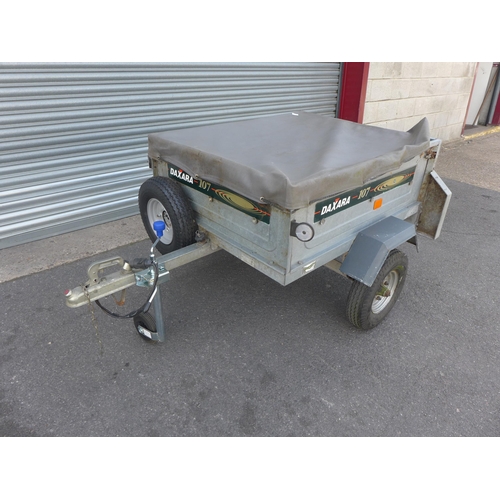 2383 - Daxara 107 4 x 3 galvanised camping/tipping trailer, load cover, jockey & spare wheel with lights