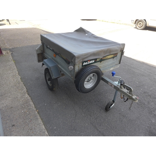 2383 - Daxara 107 4 x 3 galvanised camping/tipping trailer, load cover, jockey & spare wheel with lights