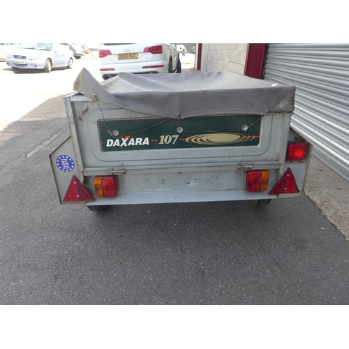 2383 - Daxara 107 4 x 3 galvanised camping/tipping trailer, load cover, jockey & spare wheel with lights