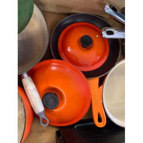 2210 - qty of genuine Le Creuset pans and lids (most orange, one green) and a skillet/frying pan plus a Den... 