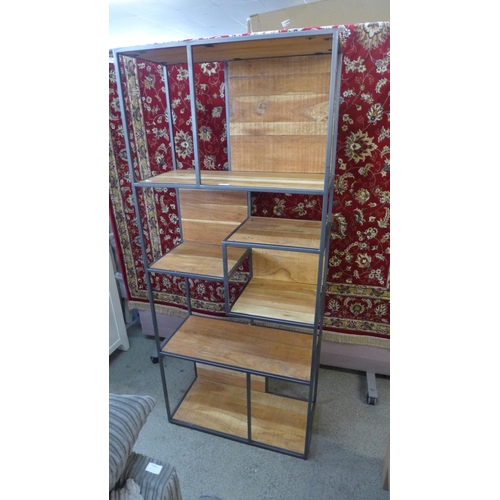 1452 - A Fire 2.0 hardwood and gunmetal grey shelving unit - slightly backwards leaning frame