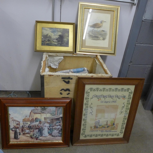 1163 - A collection of framed pictures and a large cross stitch tapestry, framed **PLEASE NOTE THIS LOT IS ... 