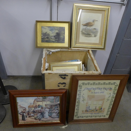 1163 - A collection of framed pictures and a large cross stitch tapestry, framed **PLEASE NOTE THIS LOT IS ... 