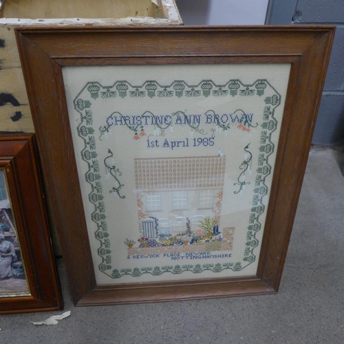 1163 - A collection of framed pictures and a large cross stitch tapestry, framed **PLEASE NOTE THIS LOT IS ... 