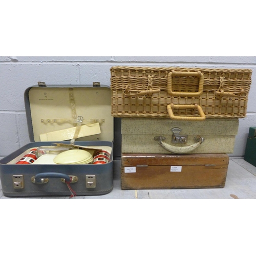 1167 - A vintage picnic set, a wicker basket and two cases **PLEASE NOTE THIS LOT IS NOT ELIGIBLE FOR POSTI... 