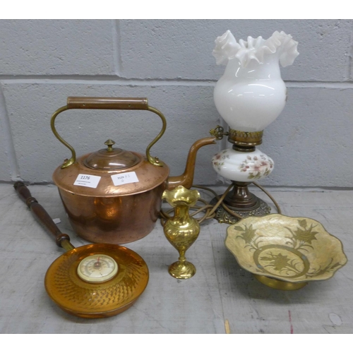 1176 - Metalware including a copper kettle, a brass vase etc., and a brass and glass lamp **PLEASE NOTE THI... 