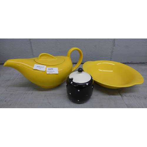 1177 - A Meakin studio ware teapot and bowl and a preserve pot, small chip to the lid **PLEASE NOTE THIS LO... 