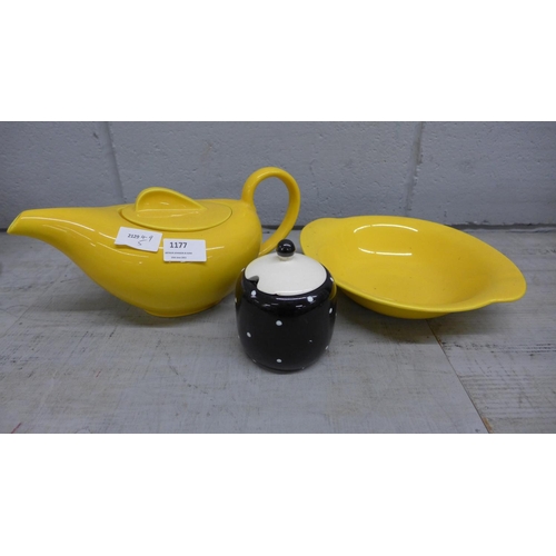 1177 - A Meakin studio ware teapot and bowl and a preserve pot, small chip to the lid **PLEASE NOTE THIS LO... 