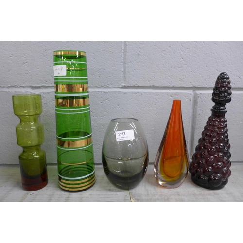 1187 - Five glass vases including one Holmegaard **PLEASE NOTE THIS LOT IS NOT ELIGIBLE FOR POSTING AND PAC... 