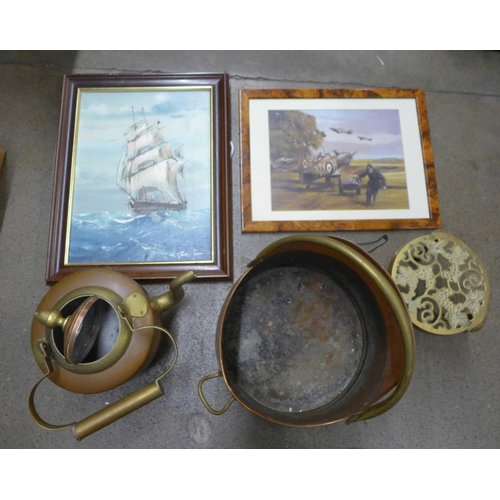 1196 - An oil on canvas, print of spitfires, a copper coal bucket, copper kettle and brass trivet **PLEASE ... 