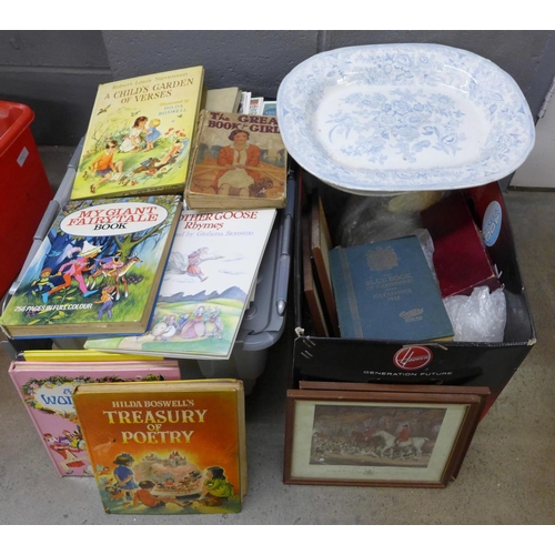 1208 - A box of children's books and other books, a box of mixed china, two meat plates and framed pictures... 