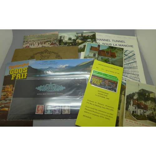 704 - A 1992 Nottingham Goose Fair BT Phone Card, Channel Tunnel Commemorative stamps, two Royal Mail Defi... 