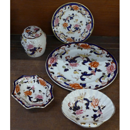 708 - Five pieces of Mason's Mandalay comprising a ginger jar, two plates and two dishes