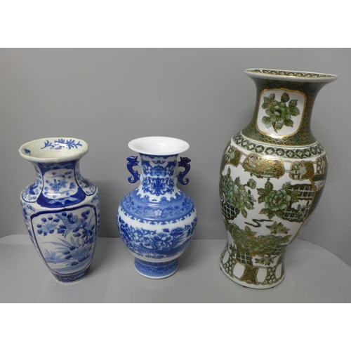 722 - Three Chinese vases; one famille verte, two blue and white