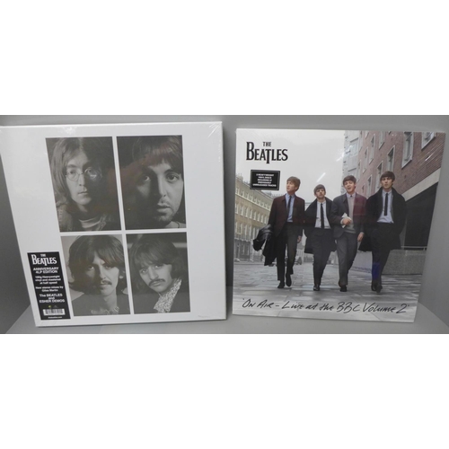 724 - The Beatles Anniversary three LP set, a The Beatles On Air Live At The BBC Volume 2 LP record, both ... 