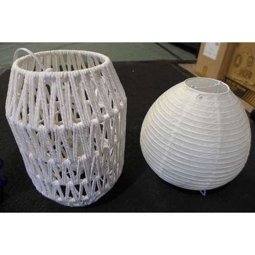 3116 - 2 White, textured table lamps and blue ceramic vase