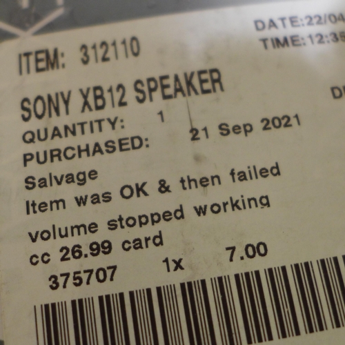 3230 - Sony Xb12 Speaker  - SRSXB12B.CE7           (255-3)  * This lot is subject to vat