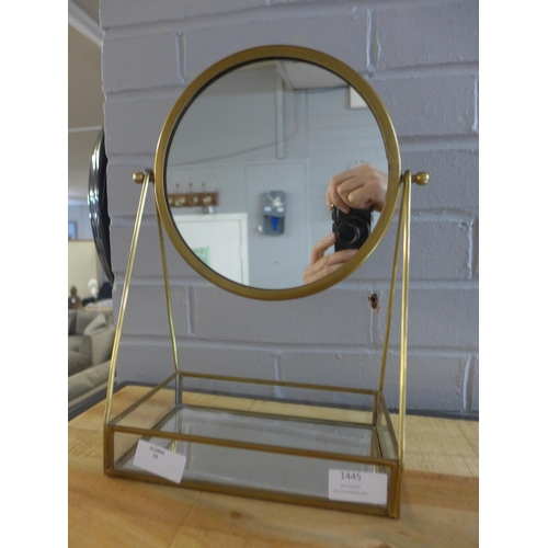 1445 - A large antiqued brass effect table mirror with mirrored tray H 33cm (369502520)