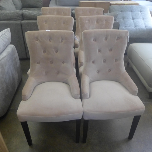 1576 - A set of six dusky pink upholstered dining chairs with black legs