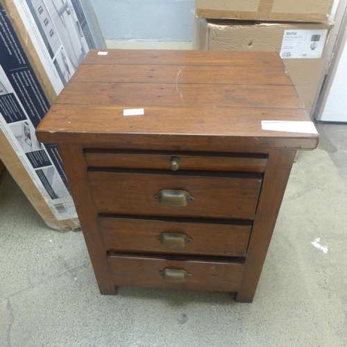 1720 - A West Coast Sheffield three drawer bedside chest - damaged