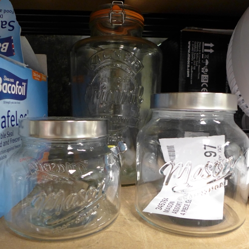 3513 - Kilner Drink Dispenser 8L and Mason Assorted Glass Jars    (254-361,378)   * This lot is subject to ... 