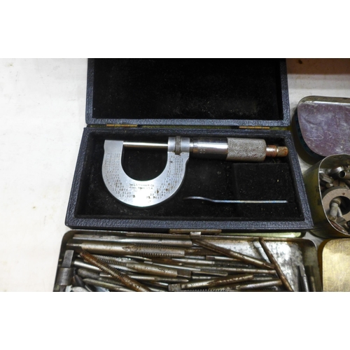 2048 - Box of vintage engineering items inc. tins of small gauge taps, dies & reamers, micrometers, caliper... 