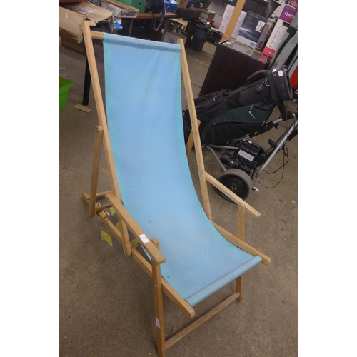 2072 - 3 Ikea deckchairs with blue fabric seats