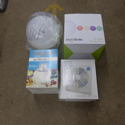 2076 - A Magimix ice cream maker, Home-Tek fan and spherical light, all boxed