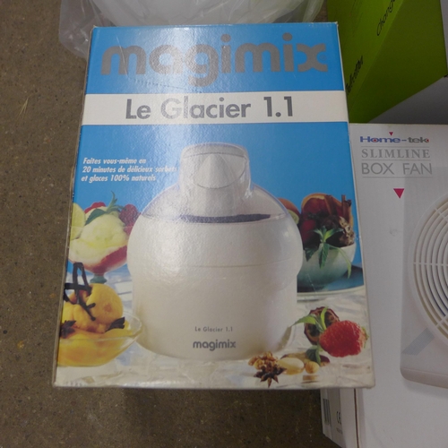 2076 - A Magimix ice cream maker, Home-Tek fan and spherical light, all boxed