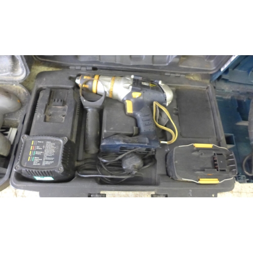 2125 - A Bosch 110v GB13E Professional drill, Macallister cordless drill and a Titan sander