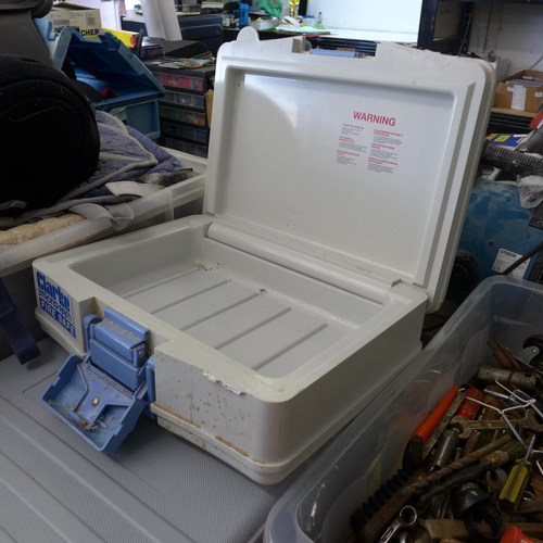 2135 - A plastic toolbox full of sockets, approximately 250 tools in a crate and a Clarke Strong Arm fire s... 